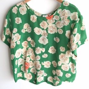 Anthropologie Postmark Green Floral Silk Crop Top